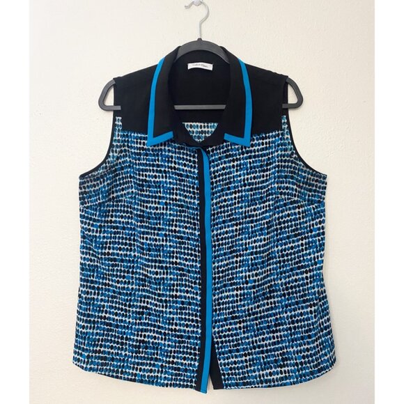 PRE-OWNED Calvin Klein Black & Blue Polka Dot Collared Sleeveless Button Down - Picture 1 of 4